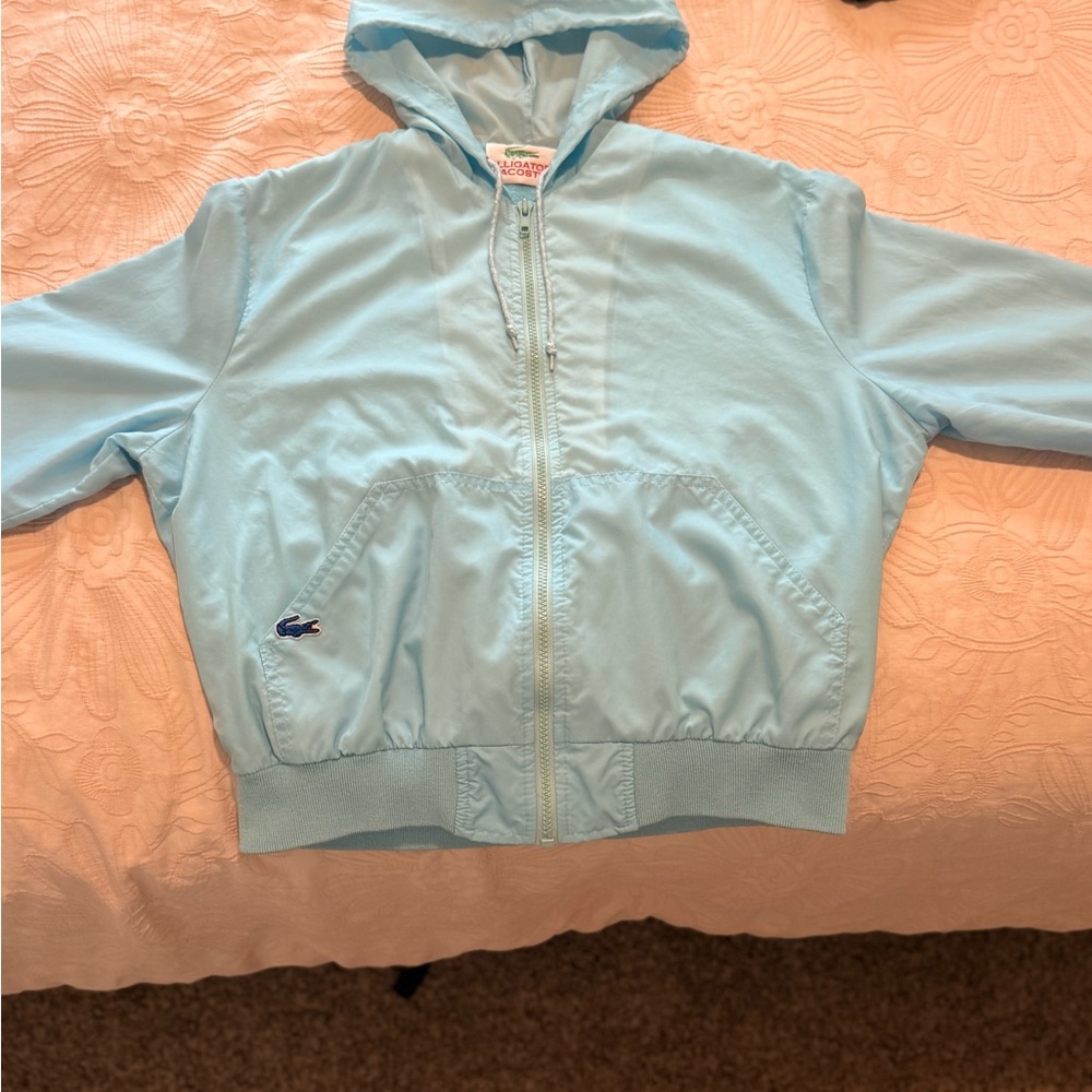 Vintage 90s Alligator Lacoste Logo Hooded Windbreaker Jacket Pastel Blue Terry L - Picture 7 of 8